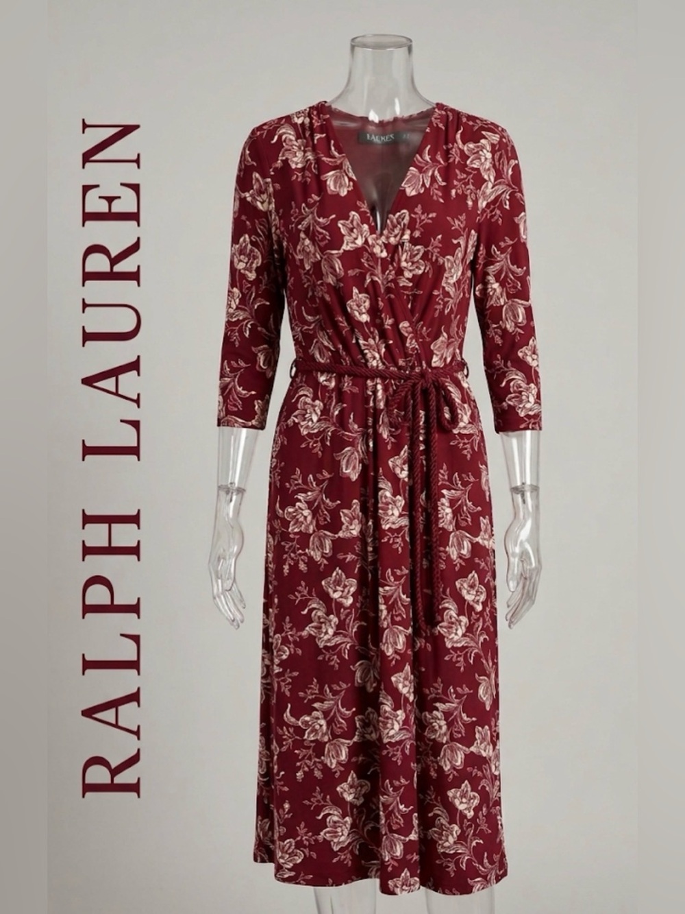 Lauren Ralph Lauren Burgundy Floral Faux-Wrap Midi Dress Size 10